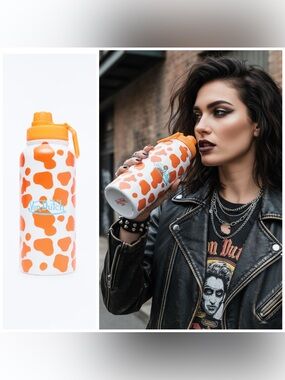 •On the MOOOO-VE• Von Dutch 32oz Stainless Steel Water Bottle Cow Print Orange